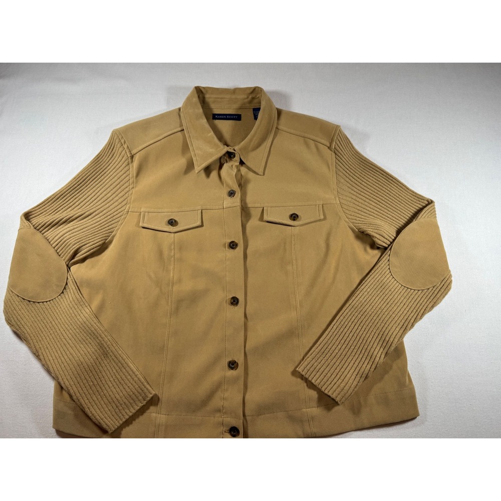 Karen Scott Wmns XL Tan Mixed Media Knit Sleeve Button Front Jacket Elbow‎ Patch